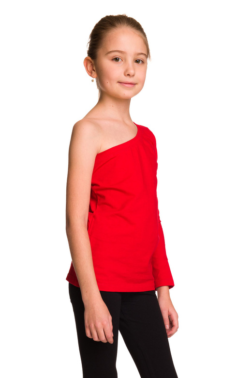 Asymmetric Cotton Shirt with Long Sleeves and Diagonal Red Neckline.