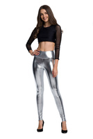 Women's Metallic Shiny Leggings with High Waist and Long Silver Legs