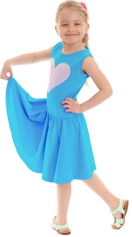 Sukienka Bajeczna rozkloszowana dla dziewczynki z motywem SERCE turkusowy