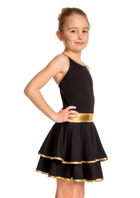 Sukienka damska dziecięca na cienkich ramiączkach z falbanami ze złotą lamówką na występ czarny